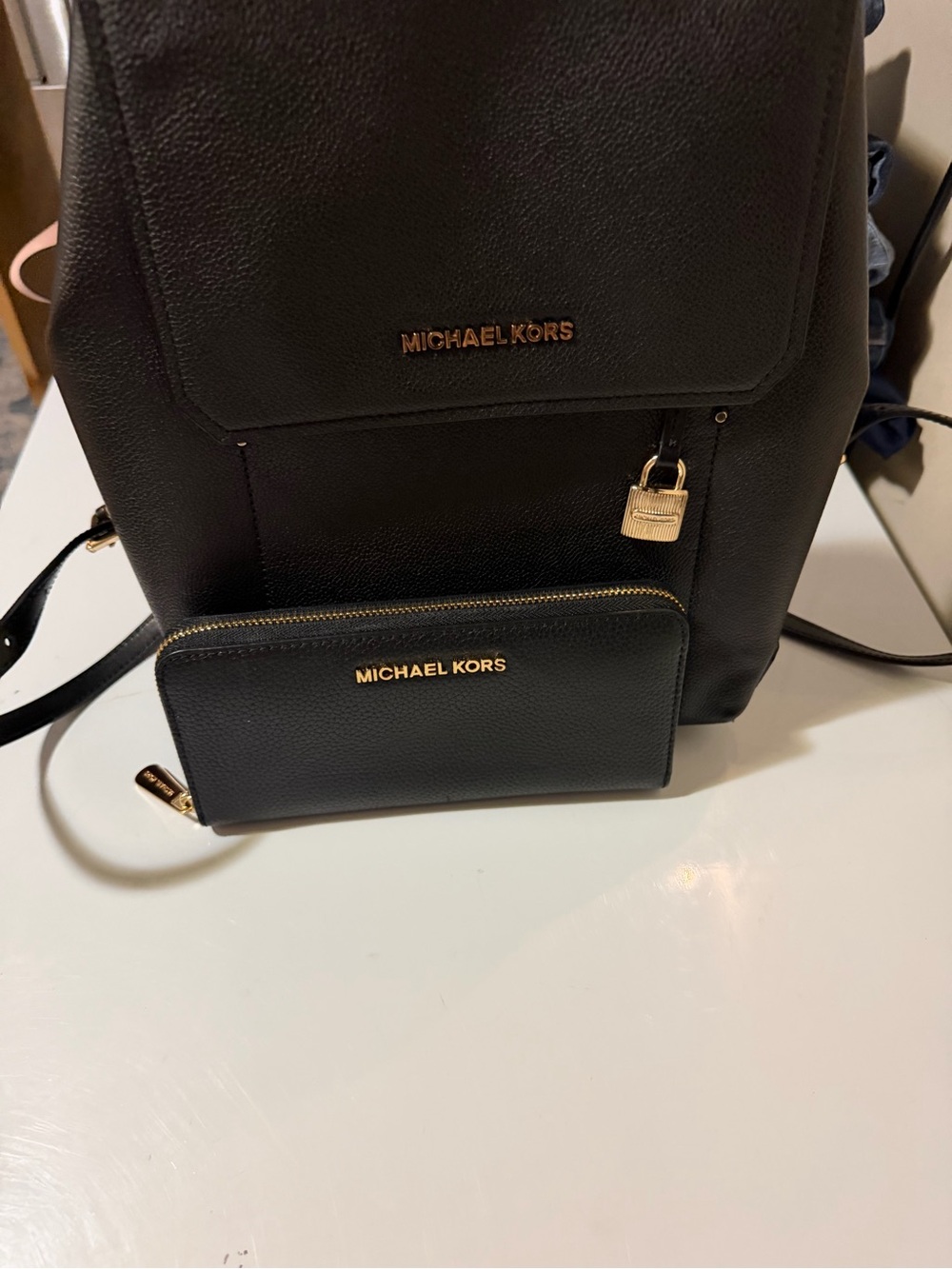 Michael Kors Black Pebbled Leather Backpack and Wallet Set with Gold Hardware